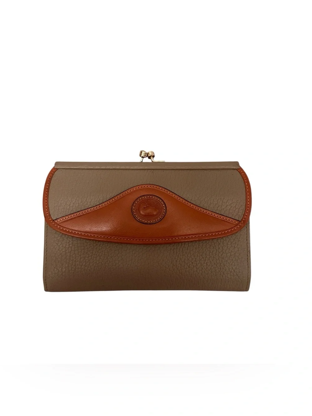 Dooney & Bourke Vintage Leather Long Wallet Taupe Brown Cognac Trim Kiss Lock